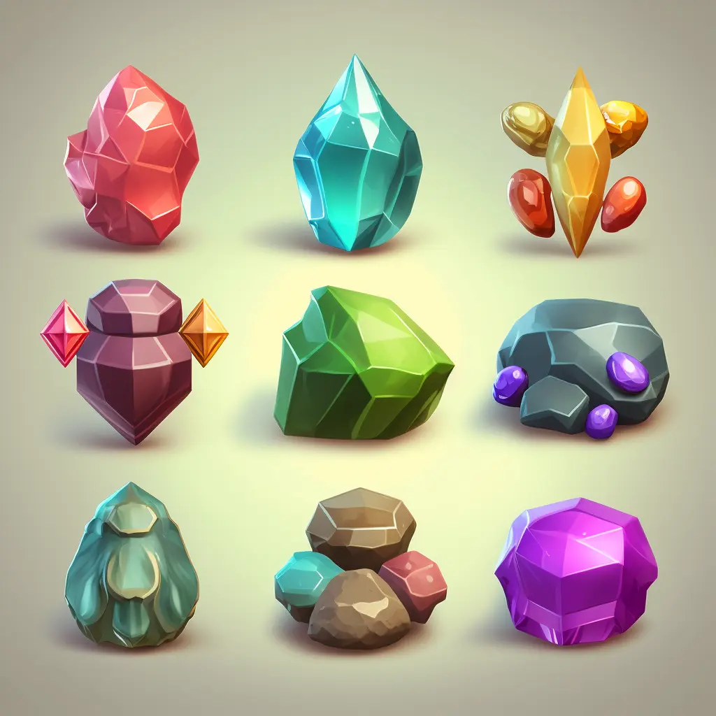 game sheet of different types of mystic gems, light background, clay render, oily, shiny, bevel, blender, style of Hearthstone